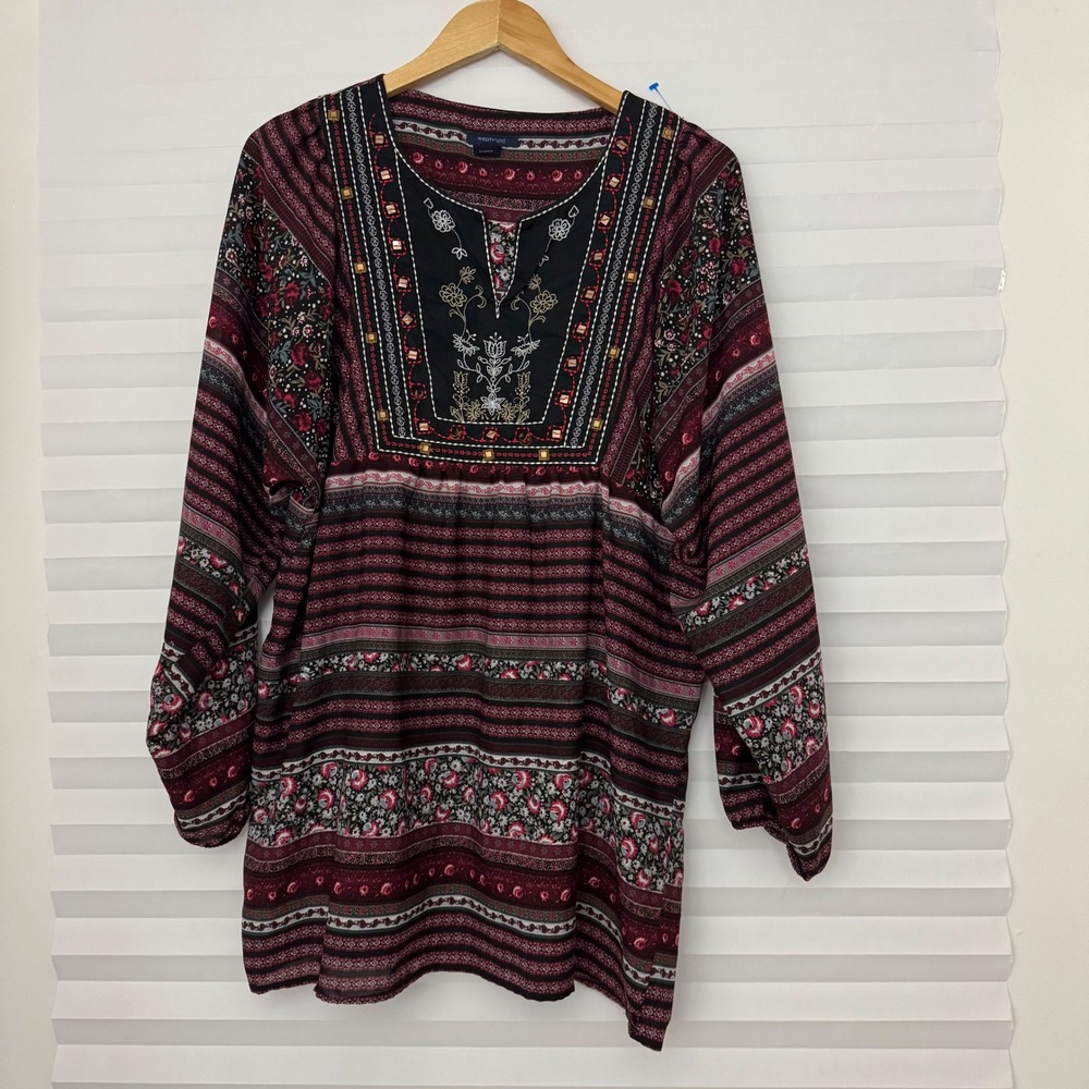 Westbound Womens XL Burgundy Floral Embroidered Tunic Top Studded‎ Boho Aztec